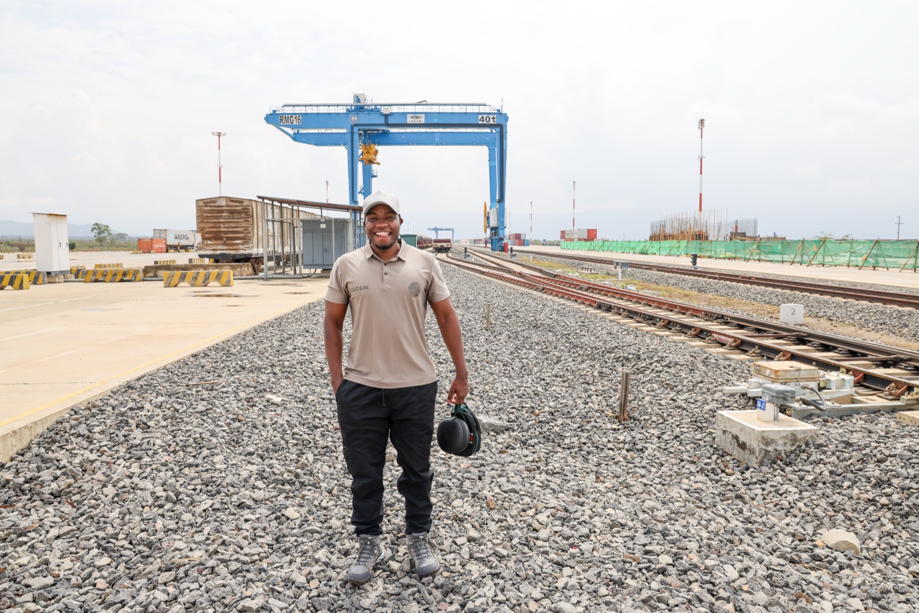 Inland container depot adjacent to Hells Gate — gantry crane, freight yard, Standard Gauge Railway
